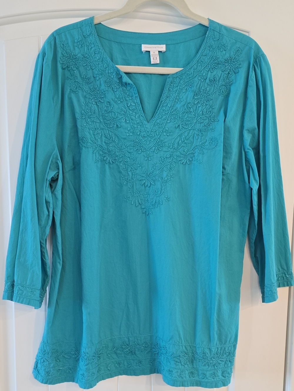 Charter Club Turquoise Embroidered V‑Neck Tunic